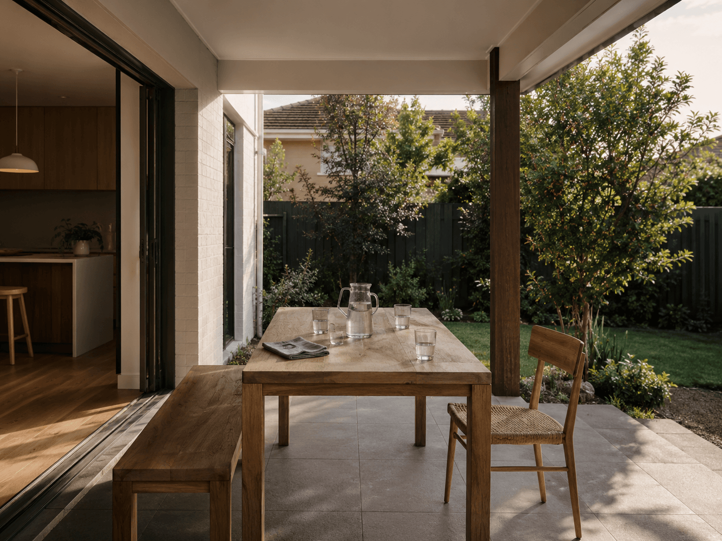 Quiet shared table beside an Australian architectural edge — belonging atmosphere, not a listing
