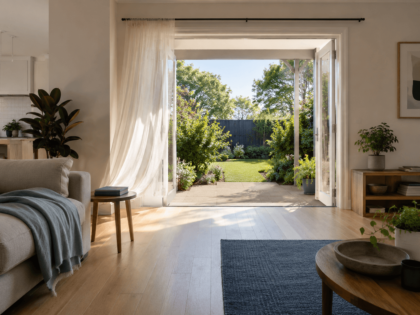 Open residential threshold toward soft daylight — freedom atmosphere, not a listing