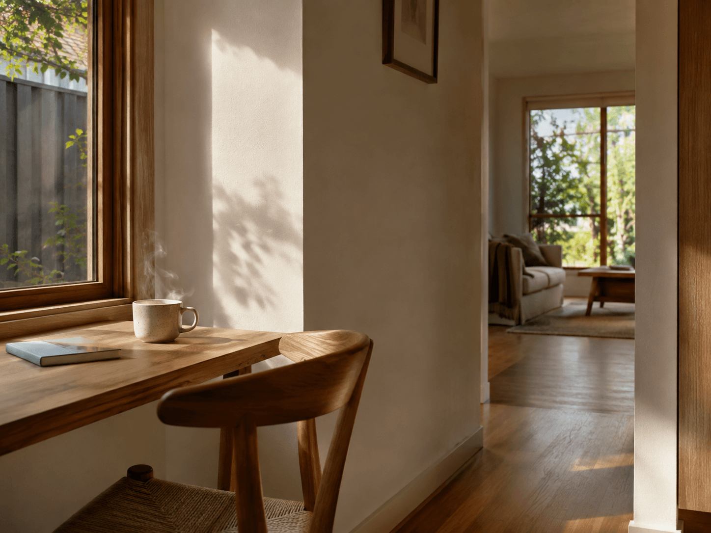 Morning light band across a calm interior — unhurried time atmosphere, not a listing